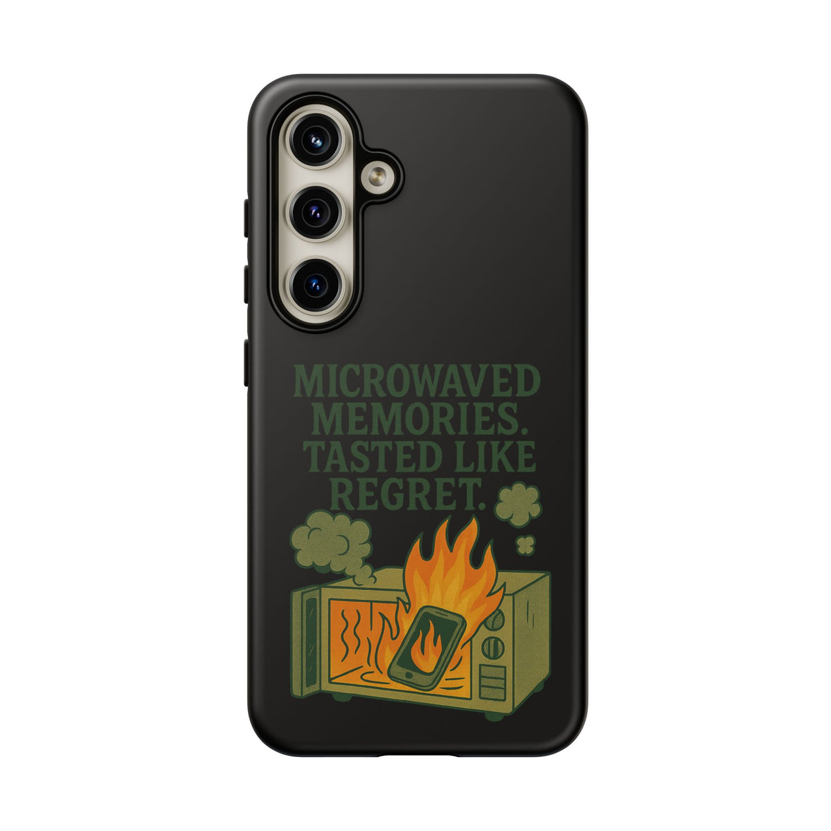 Microwaved Memories Phone Case — 'Microwaved Memories. Tasted Like Regret.' Retro Fire Design