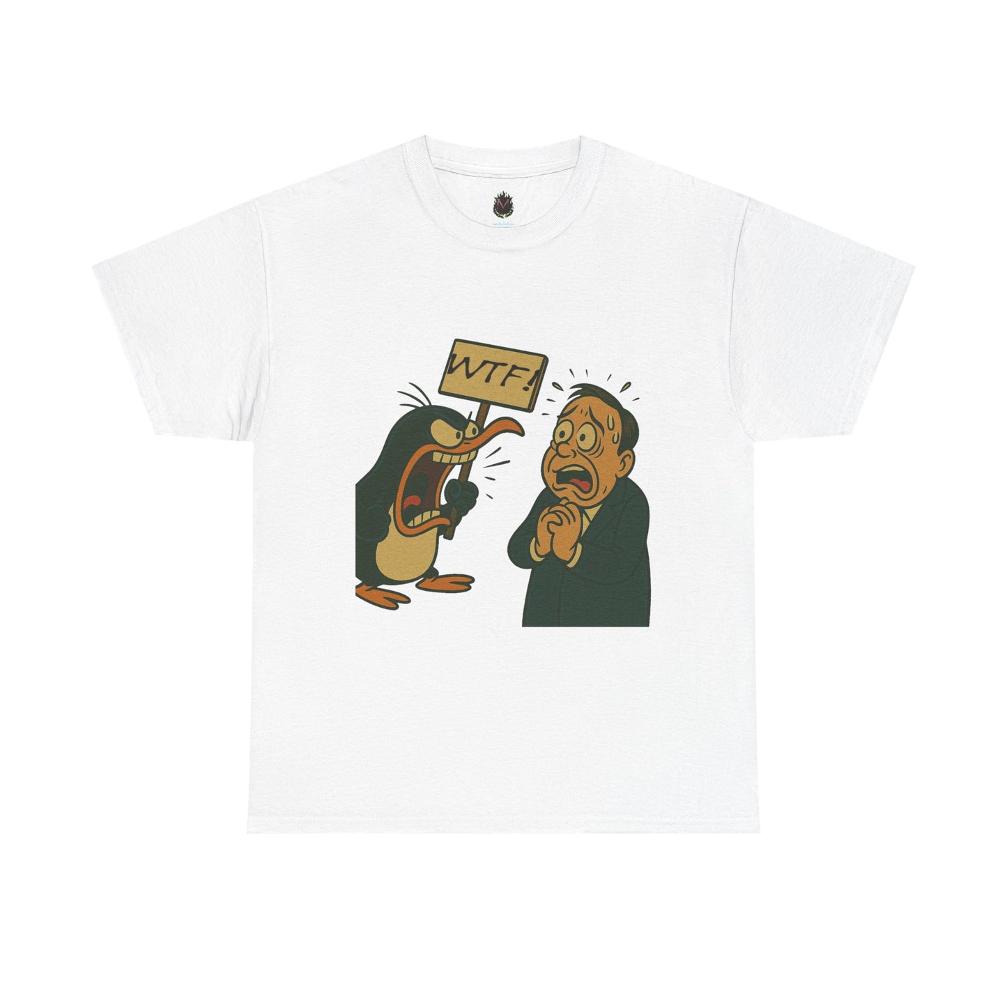Graphic Tee - Cartoon Penguin Yelling “WTF” at Shocked Man