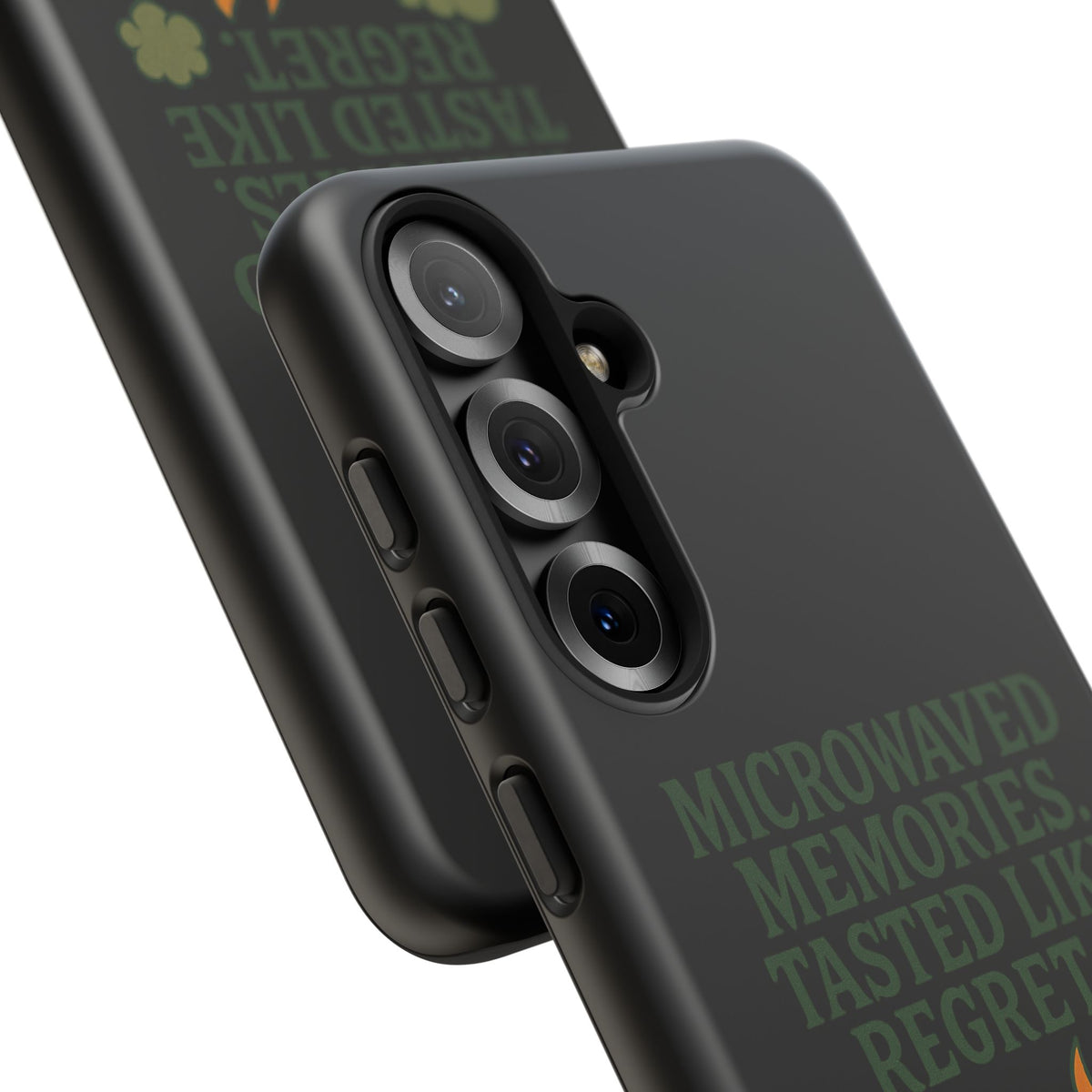 Microwaved Memories Phone Case — 'Microwaved Memories. Tasted Like Regret.' Retro Fire Design