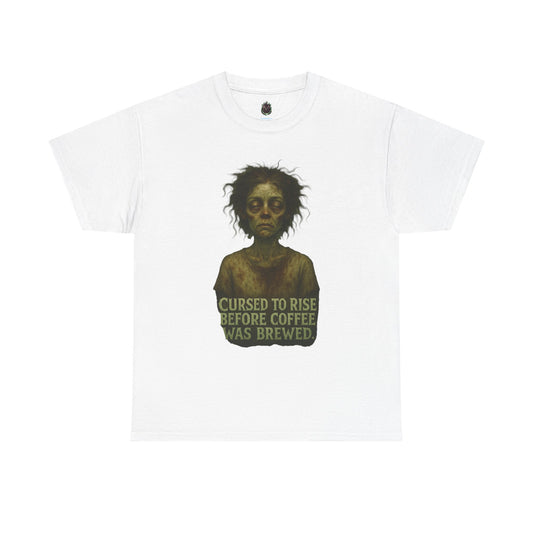 Cursed to Rise Before Coffee Tee | Zombie Coffee Shirt