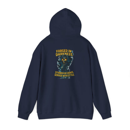Darkness Stirred Hoodie — Vintage Cat Illustration "Poured in Darkness, Stirred in Chaos, Served with Style"