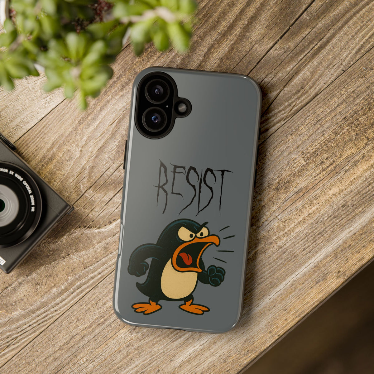 Resist Angry Penguin Phone Case — Protective iPhone Case with Bold Cartoon Design