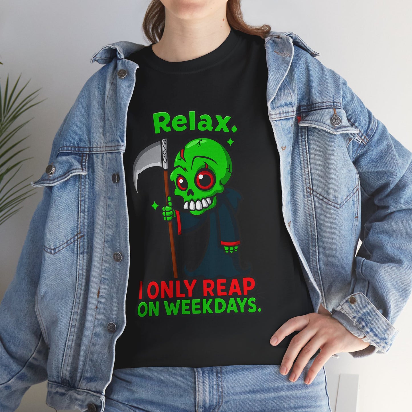 Relax I Only Reap On Weekdays T-Shirt | Grim Reaper Cartoon Tee
