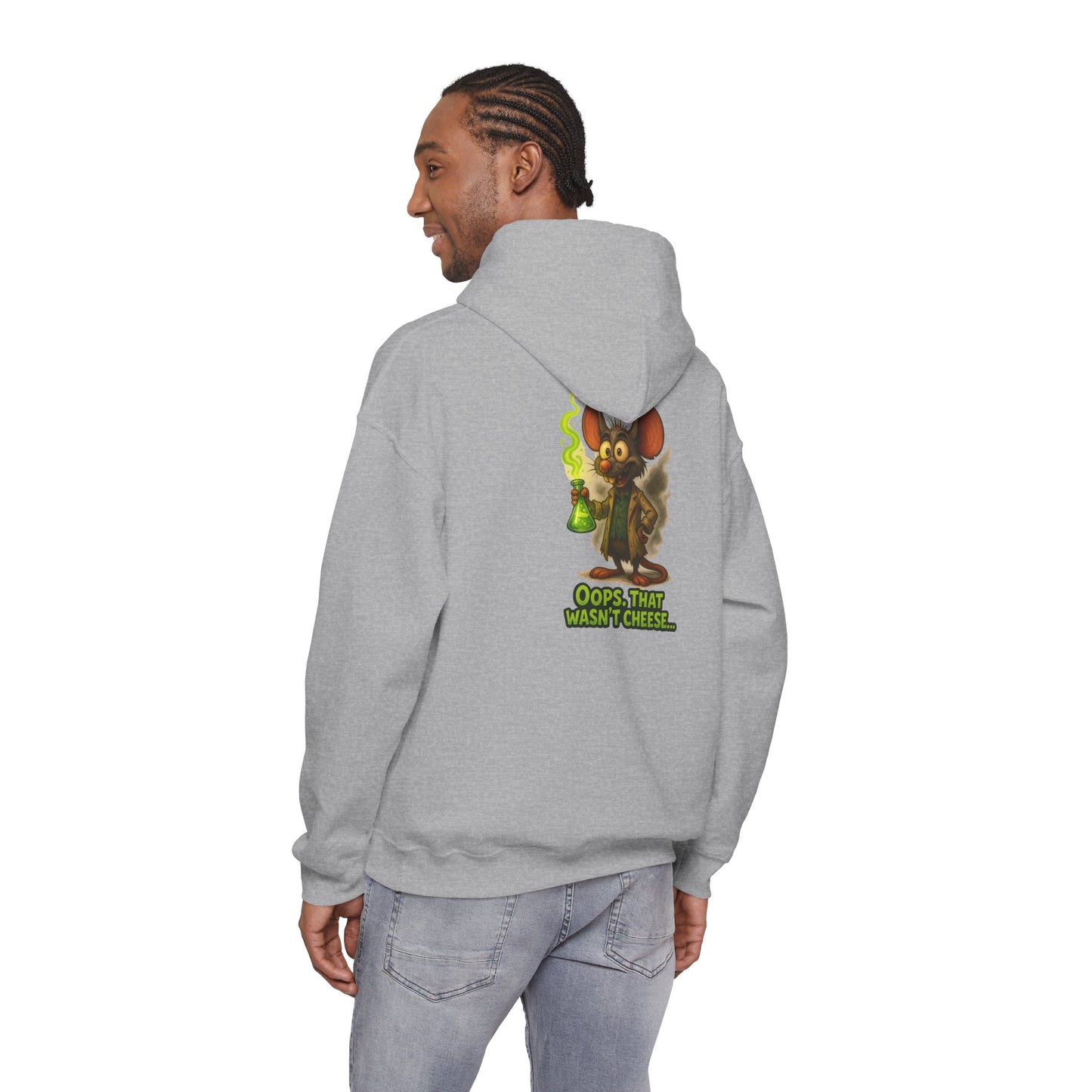 Chemistry Mouse Hoodie — "Oops, That Wasn't Cheese" Cute Scientist Graphic