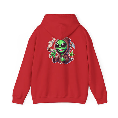 Reaper Alien Hoodie – Cute Green Grim Reaper Smoking Cartoon Graphic Hooded Sweatshirt
