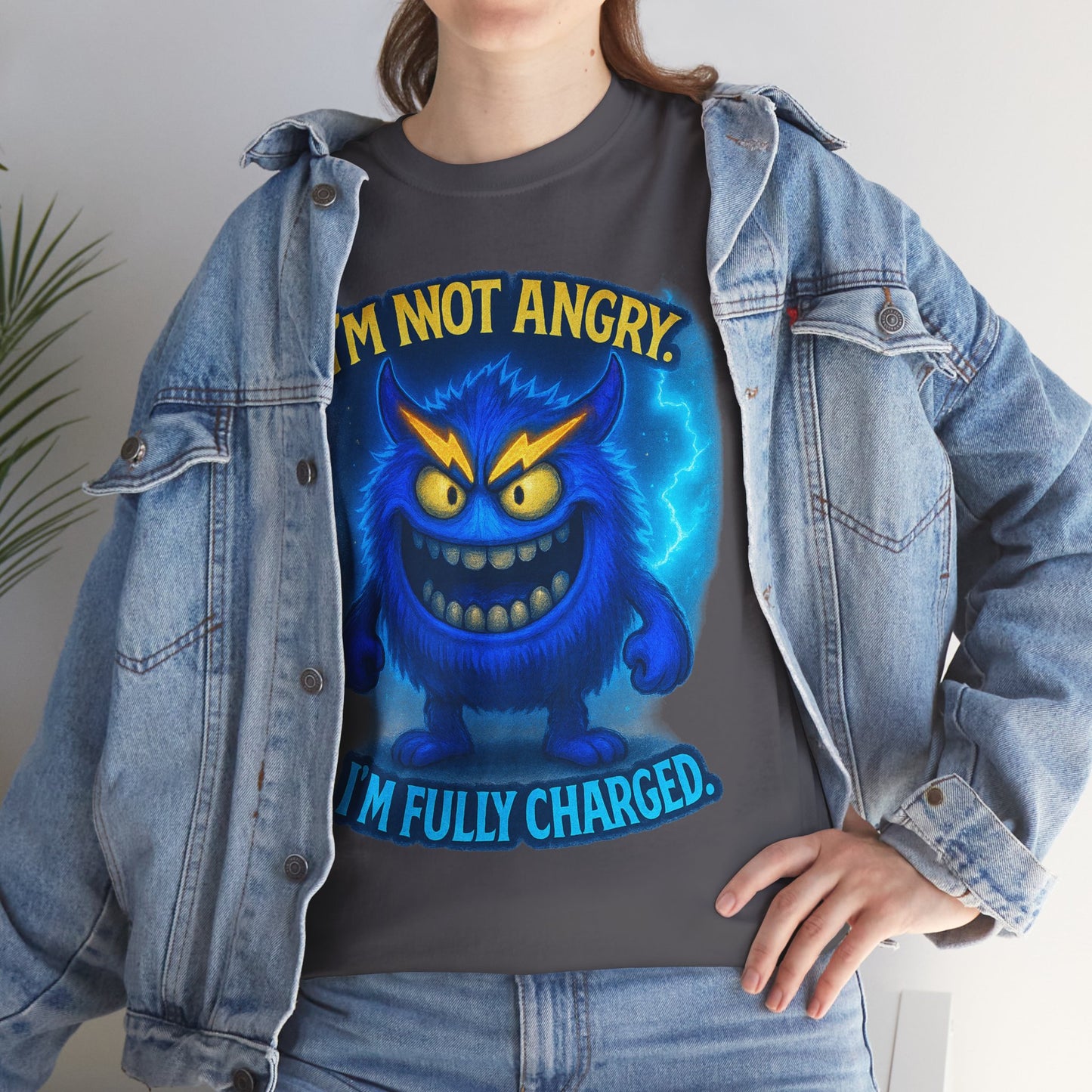 I'm Not Angry I'm Fully Charged Tee, Blue Lightning Monster Graphic