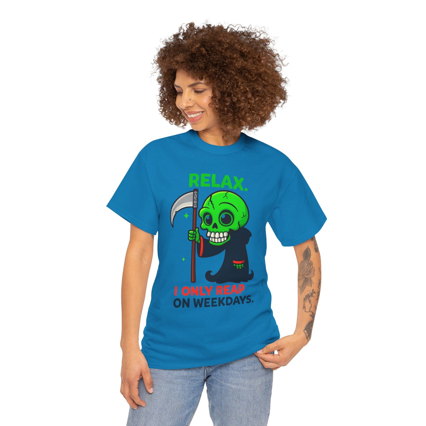 Relax I Only Reap on Weekdays T-Shirt | Grim Reaper Graphic