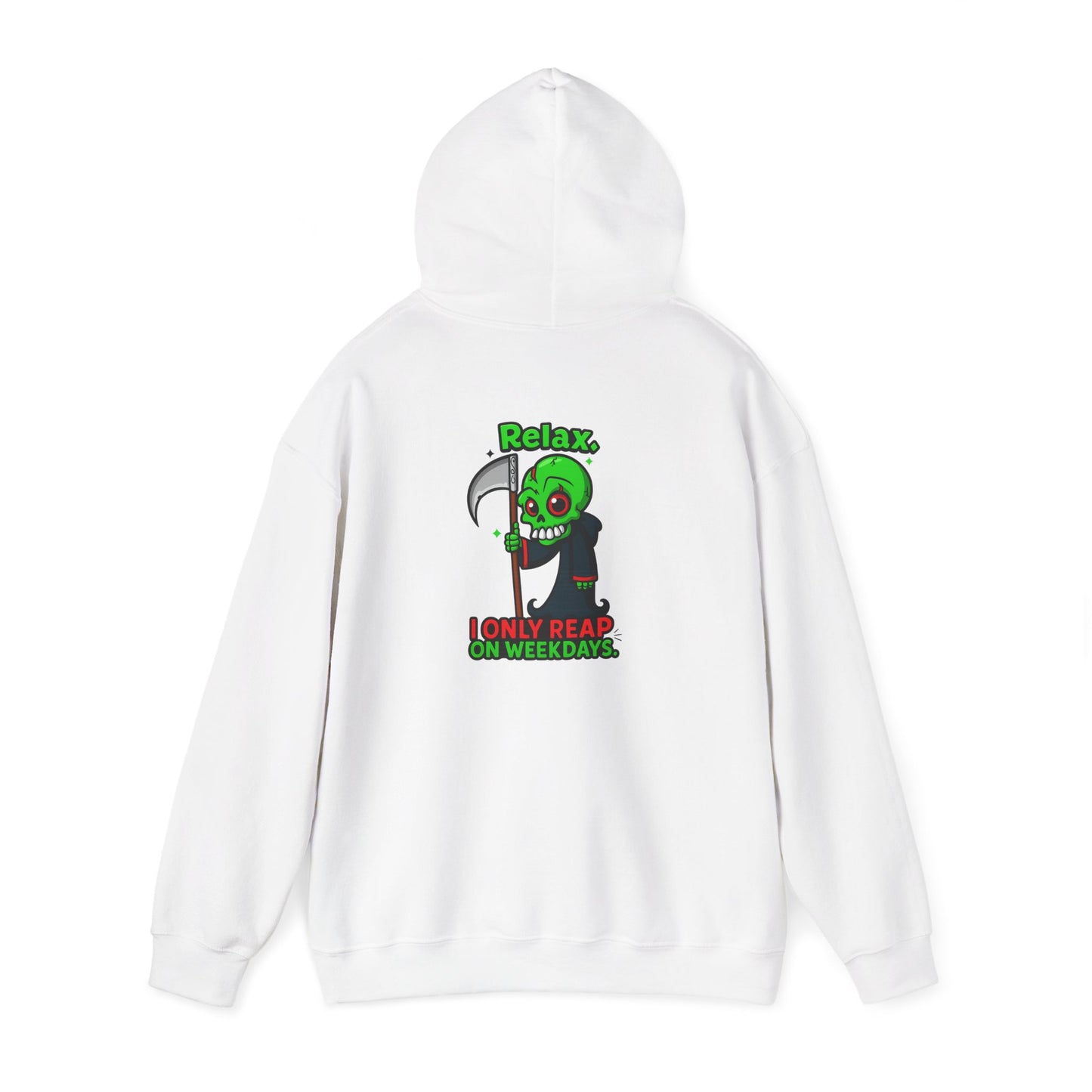 Grim Reaper Cartoon Hoodie — "I Only Read on Weekdays" Graphic Pullover