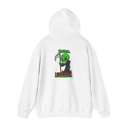 Grim Reaper Cartoon Hoodie — "I Only Read on Weekdays" Graphic Pullover