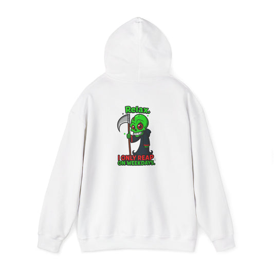Grim Reaper Cartoon Hoodie — "I Only Read on Weekdays" Graphic Pullover