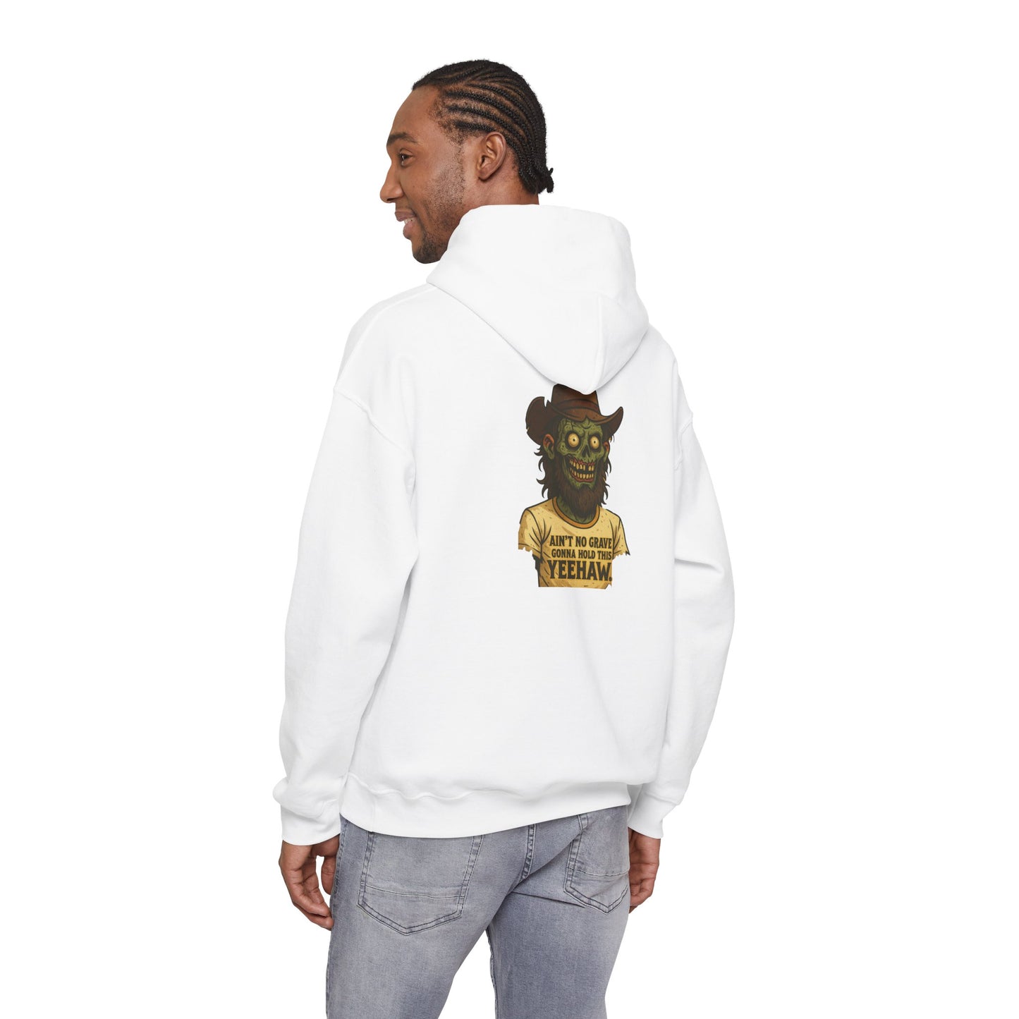 Zombie Cowboy Hoodie — "Ain't No Grave Can Hold This Man Down YEEHAW" Graphic