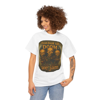 T-Shirt — "From Dusk Till Doom We Jam" Skull Band Graphic Tee