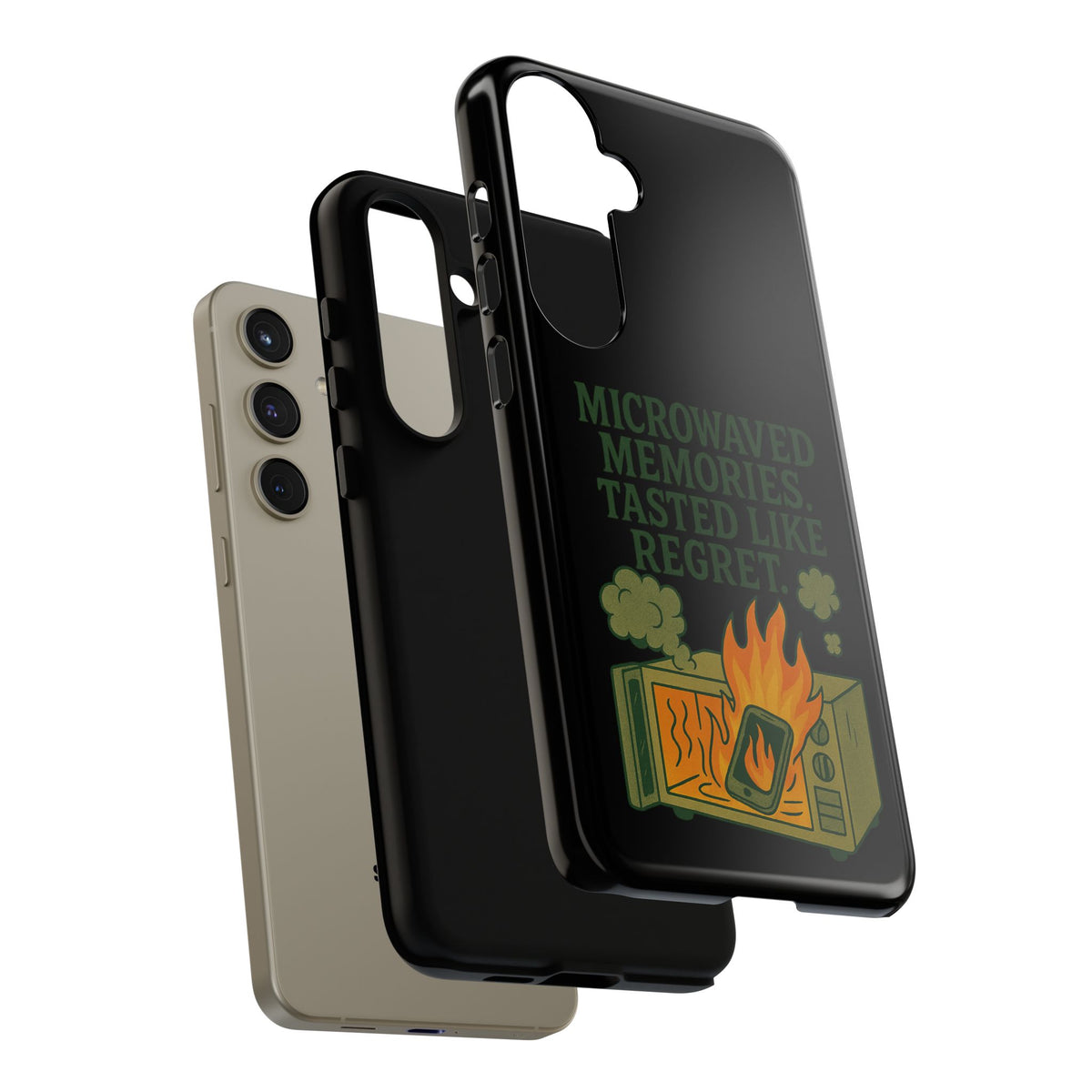 Microwaved Memories Phone Case — 'Microwaved Memories. Tasted Like Regret.' Retro Fire Design