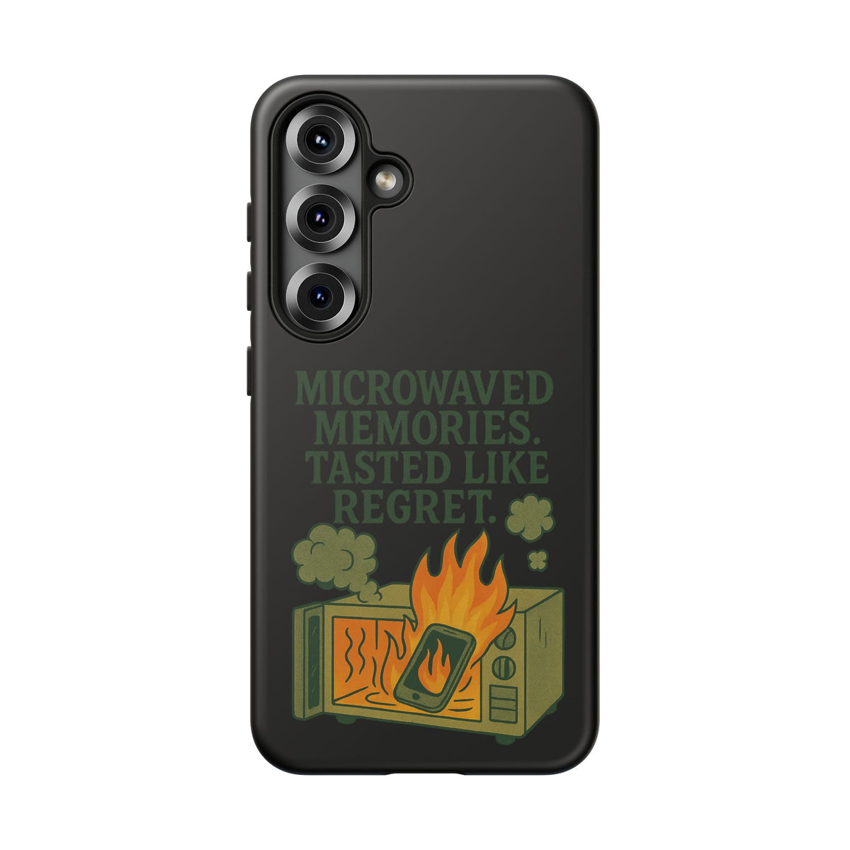 Microwaved Memories Phone Case — 'Microwaved Memories. Tasted Like Regret.' Retro Fire Design