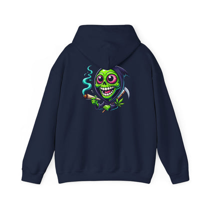Grinning Green Grim Reaper Hoodie - Cute Creepy Smoking Skull Graphic Sweatshirt