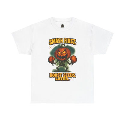 Smash First Pumpkin Boxer illustration T-Shirt | Halloween pumpkin design