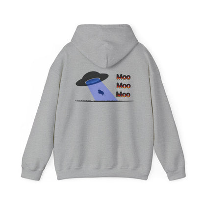 UFO Cow Abduction Hoodie - 'Moo Moo Moo' Graphic Hooded Sweatshirt