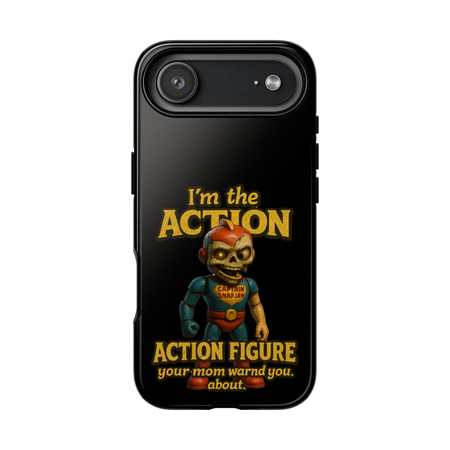 Action Figure Phone Case — "I'm the Action" Retro Skull Toy Design