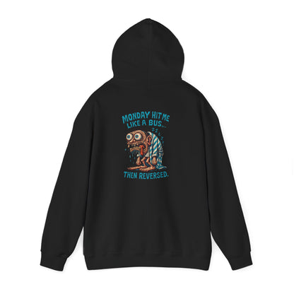 Hoodie — "Monday Hit Me Like a Bus... Then Reversed" Retro Skull Graphic Hoodie