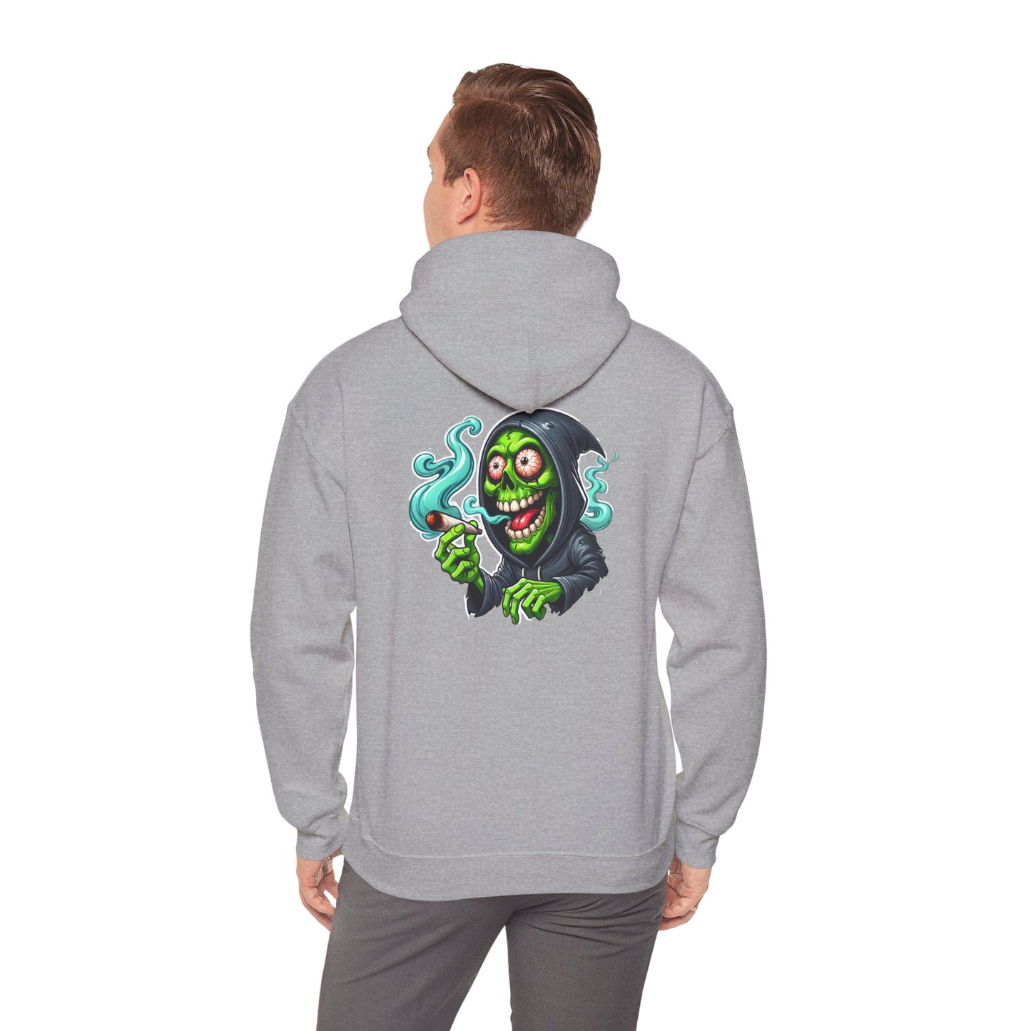 Grinning Reaper Hooded Sweatshirt – Spooky Green Skull Smoking Hoodie