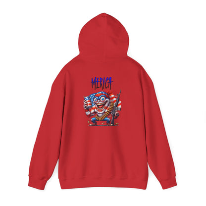 Patriotic Retro Hoodie — American Flag Skull Character Back Graphic