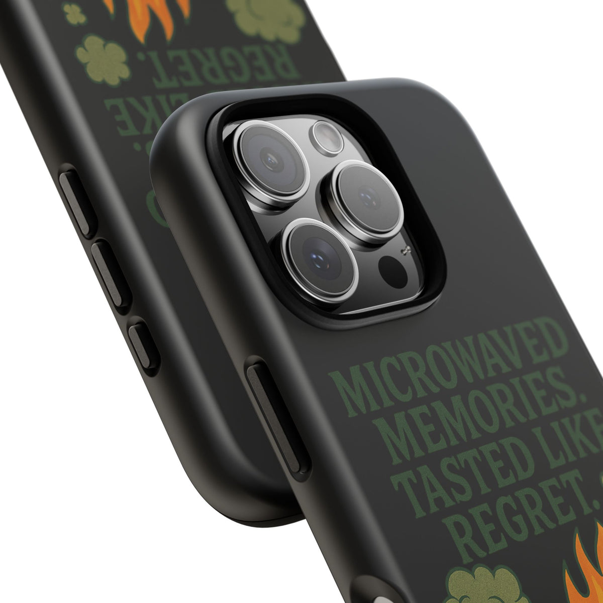 Microwaved Memories Phone Case — 'Microwaved Memories. Tasted Like Regret.' Retro Fire Design