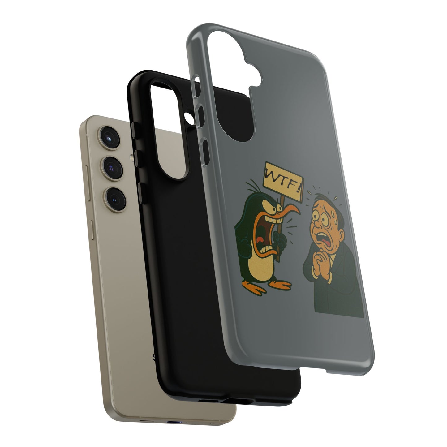 Phone Case - Cartoon Penguin Yelling 'WTF' at Shocked Man, Funny Protective iPhone Cover