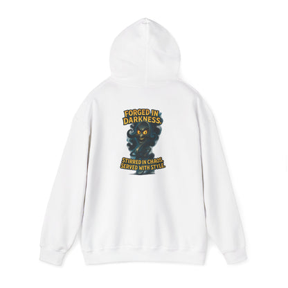 Darkness Stirred Hoodie — Vintage Cat Illustration "Poured in Darkness, Stirred in Chaos, Served with Style"