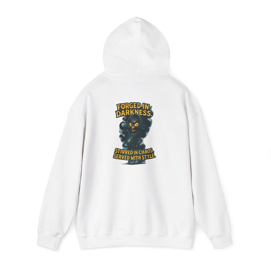Darkness Stirred Hoodie — Vintage Cat Illustration "Poured in Darkness, Stirred in Chaos, Served with Style"