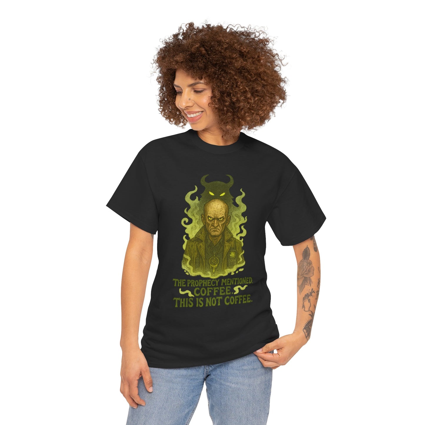 Prophecy Mentioned Coffee Illustration Tee | Funny Demon Barista Shirt