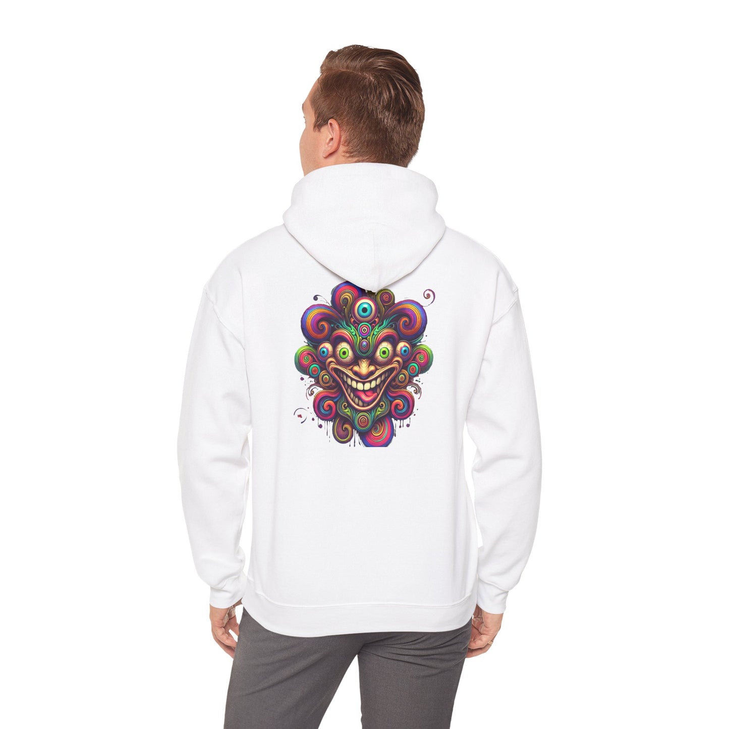 Psychedelic Smiling Jester Hoodie – Colorful Trippy Festival Sweatshirt