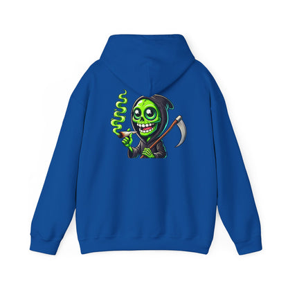 Grinning Green Grim Reaper Hoodie – Neon Smoking Skeleton Graphic Sweatshirt