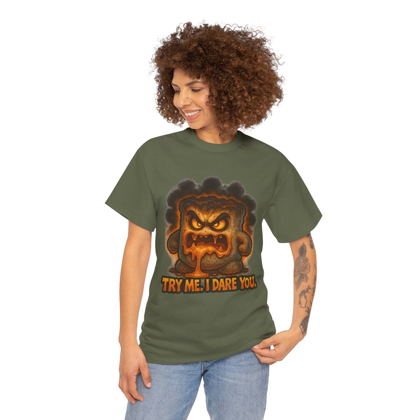 Graphic Tee — Fiery Toast 'Try Me, I Dare You' Cartoon Shirt