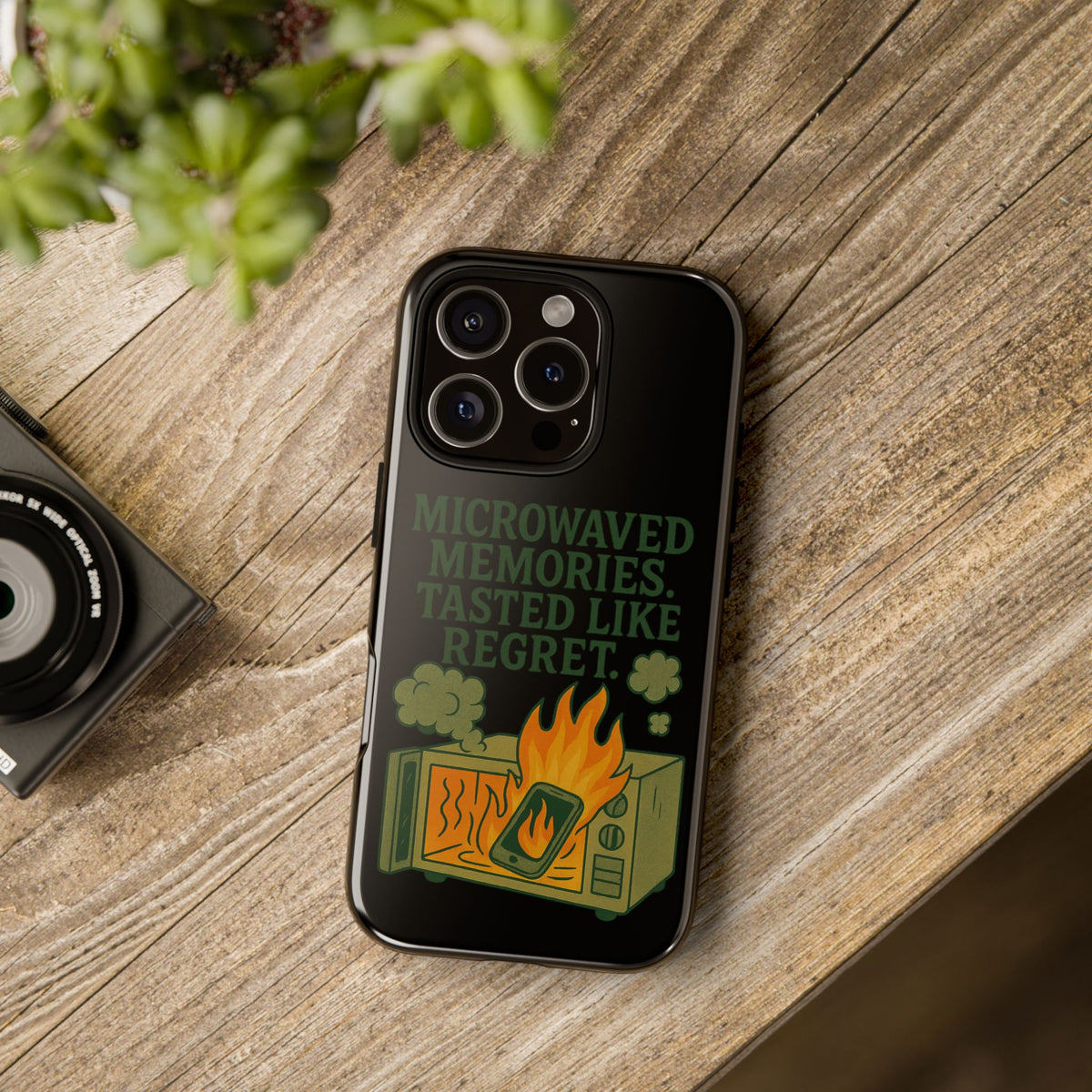 Microwaved Memories Phone Case — 'Microwaved Memories. Tasted Like Regret.' Retro Fire Design