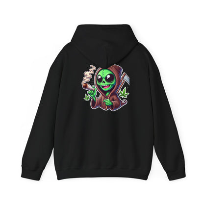 Reaper Alien Hoodie – Cute Green Grim Reaper Smoking Cartoon Graphic Hooded Sweatshirt