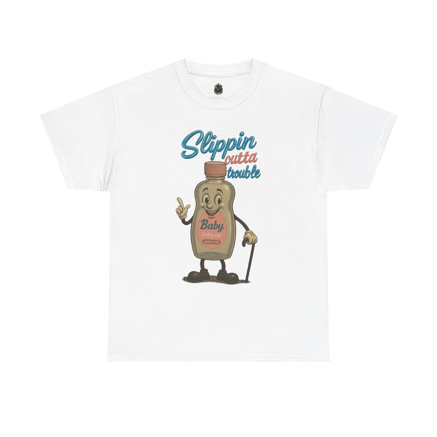 Slippin' Outta Trouble – Funny Baby Oil Cartoon T-Shirt