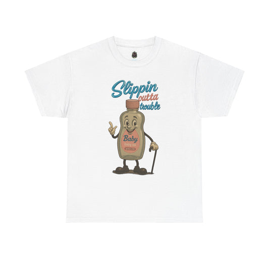 Slippin' Outta Trouble – Funny Baby Oil Cartoon T-Shirt