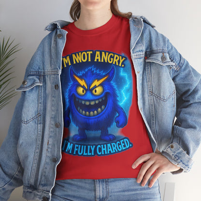 I'm Not Angry I'm Fully Charged Tee, Blue Lightning Monster Graphic