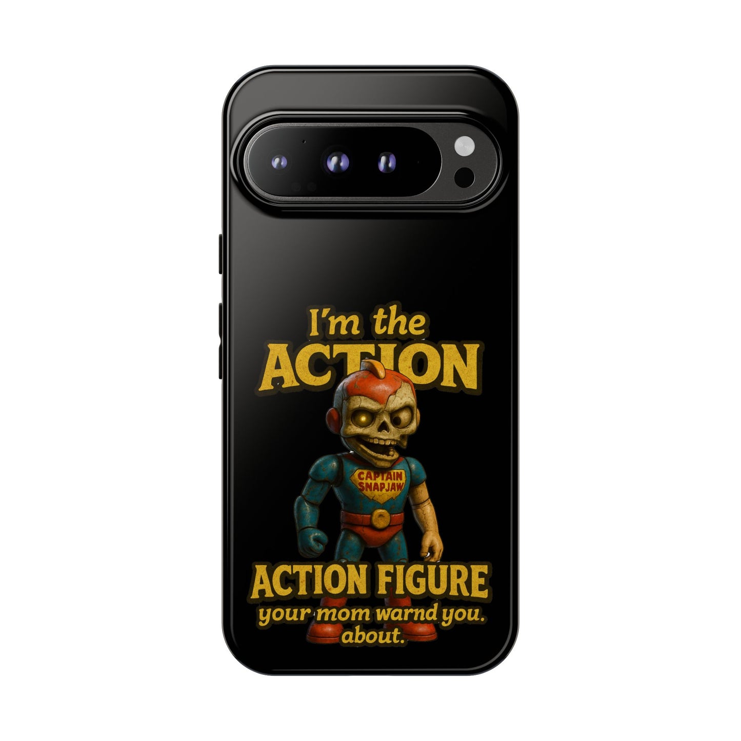 Action Figure Phone Case — "I'm the Action" Retro Skull Toy Design