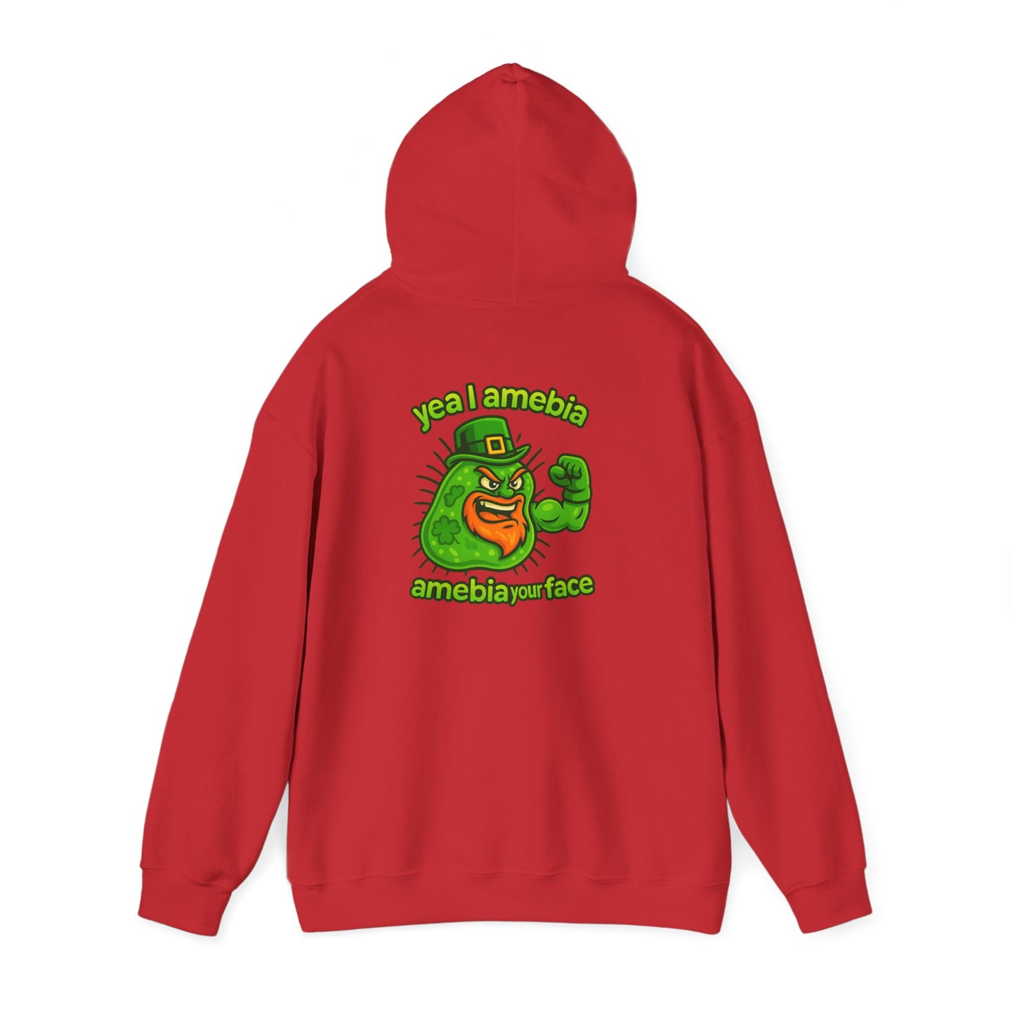 Amebiavirus St. Patrick's Day Hoodie — Funny Green Germ Mascot with 'yea bia amebiavirusface' Text