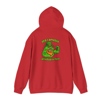 Amebiavirus St. Patrick's Day Hoodie — Funny Green Germ Mascot with 'yea bia amebiavirusface' Text