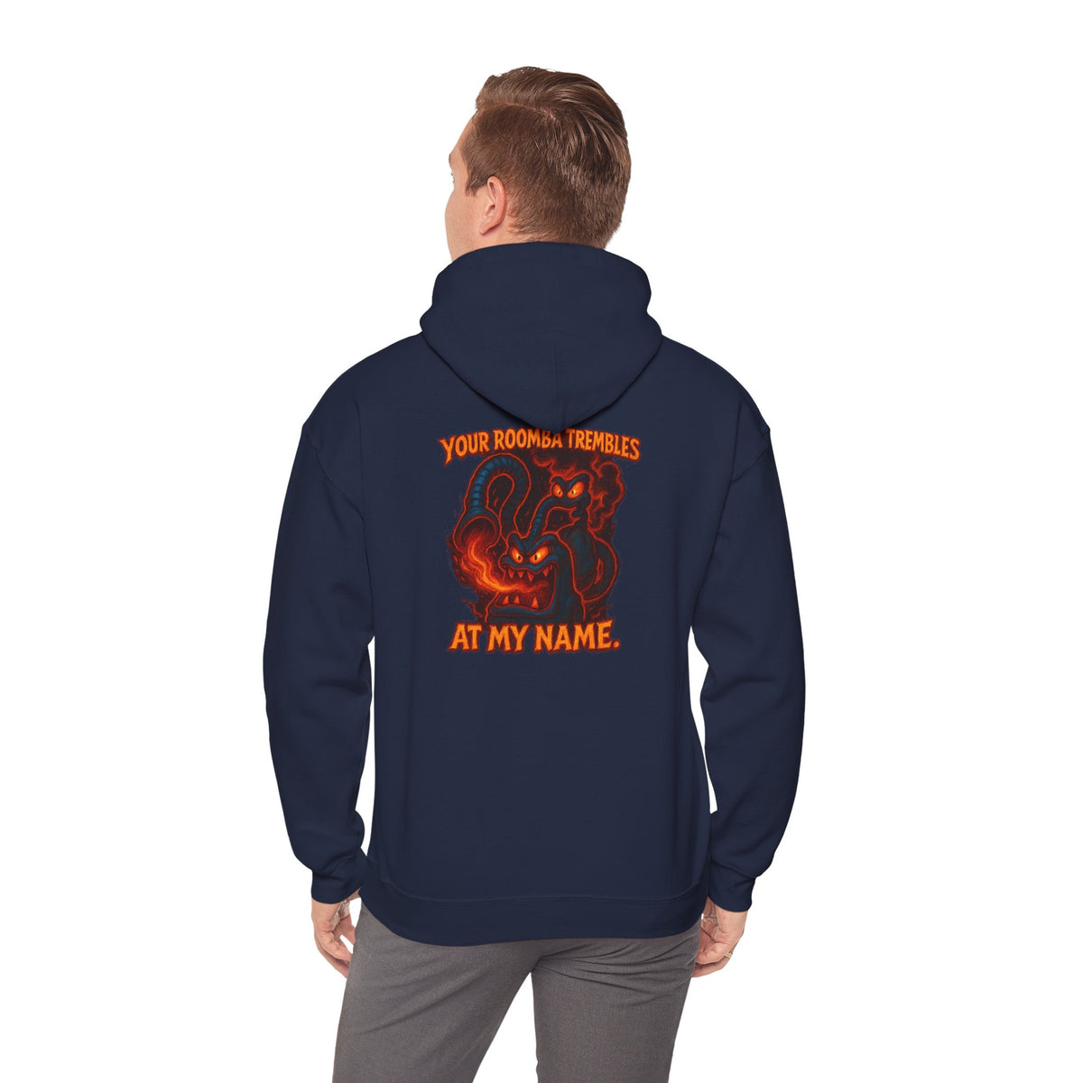 Hoodie — Fiery Demon Skull 'Your Roomba Trembls At My Name' Graphic Back Print