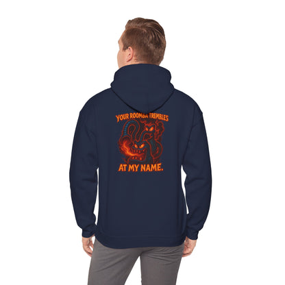 Hoodie — Fiery Demon Skull 'Your Roomba Trembls At My Name' Graphic Back Print