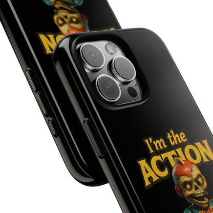 Action Figure Phone Case — "I'm the Action" Retro Skull Toy Design