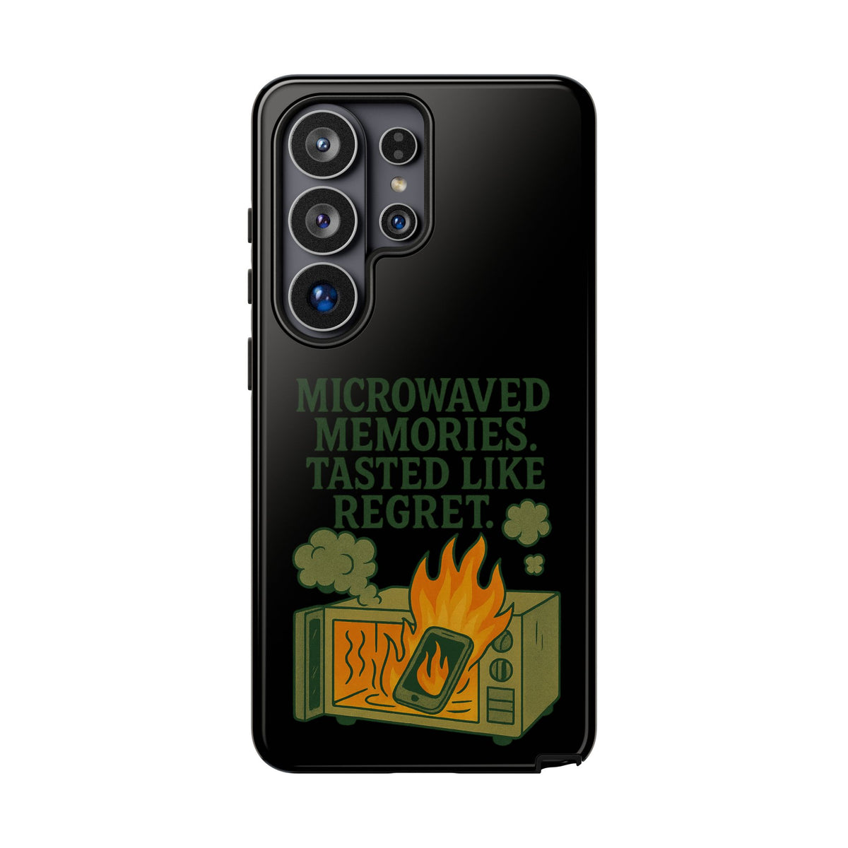 Microwaved Memories Phone Case — 'Microwaved Memories. Tasted Like Regret.' Retro Fire Design