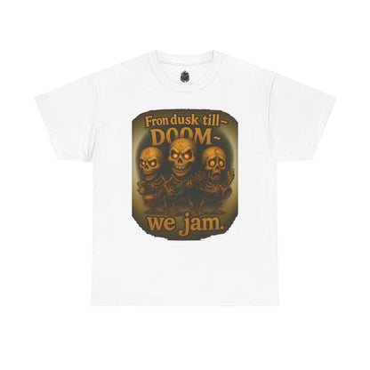T-Shirt — "From Dusk Till Doom We Jam" Skull Band Graphic Tee