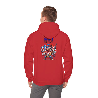 Patriotic Retro Hoodie — American Flag Skull Character Back Graphic