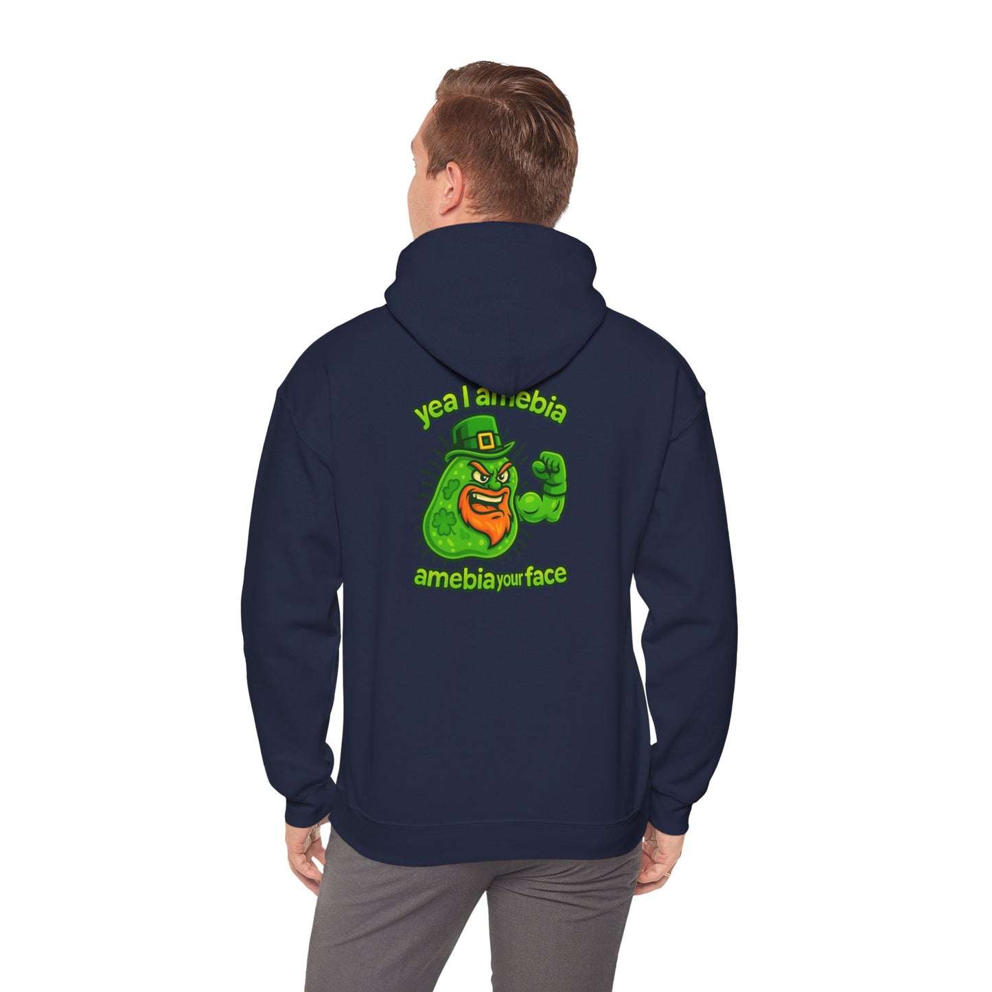 Amebiavirus St. Patrick's Day Hoodie — Funny Green Germ Mascot with 'yea bia amebiavirusface' Text