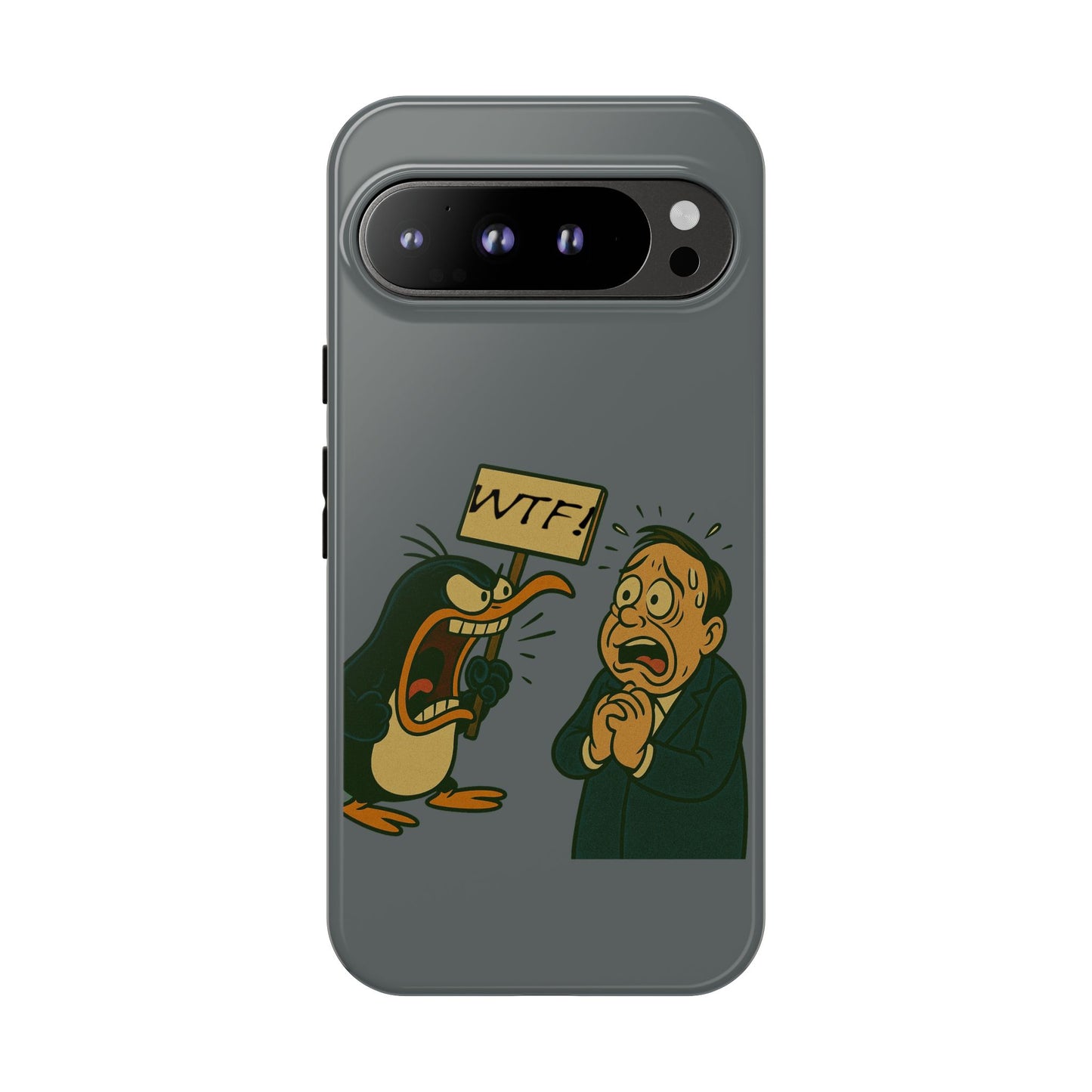 Phone Case - Cartoon Penguin Yelling 'WTF' at Shocked Man, Funny Protective iPhone Cover