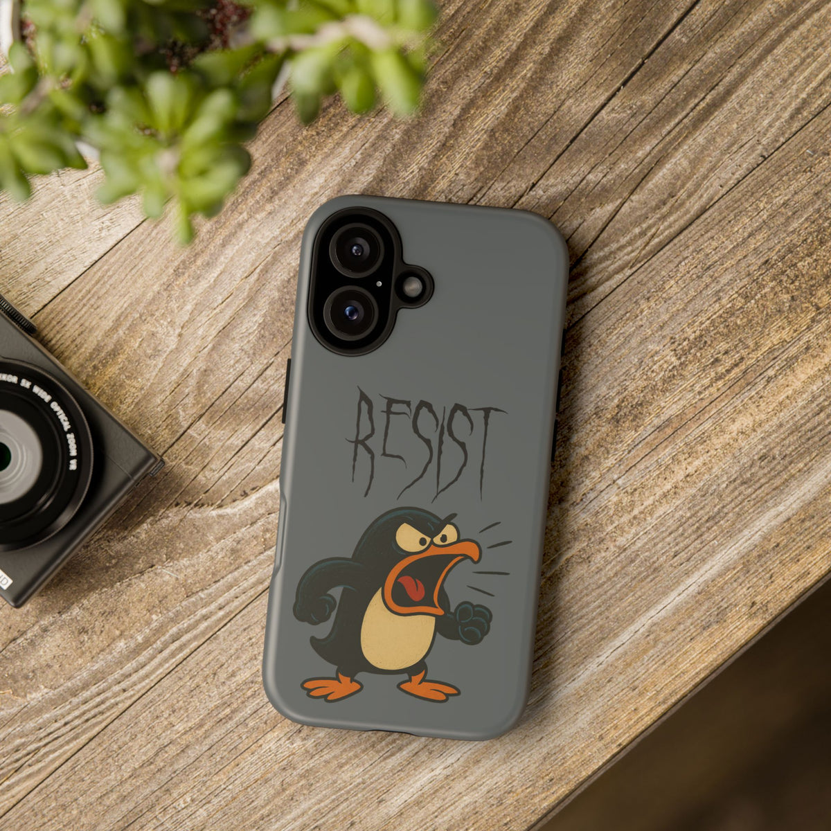 Resist Angry Penguin Phone Case — Protective iPhone Case with Bold Cartoon Design